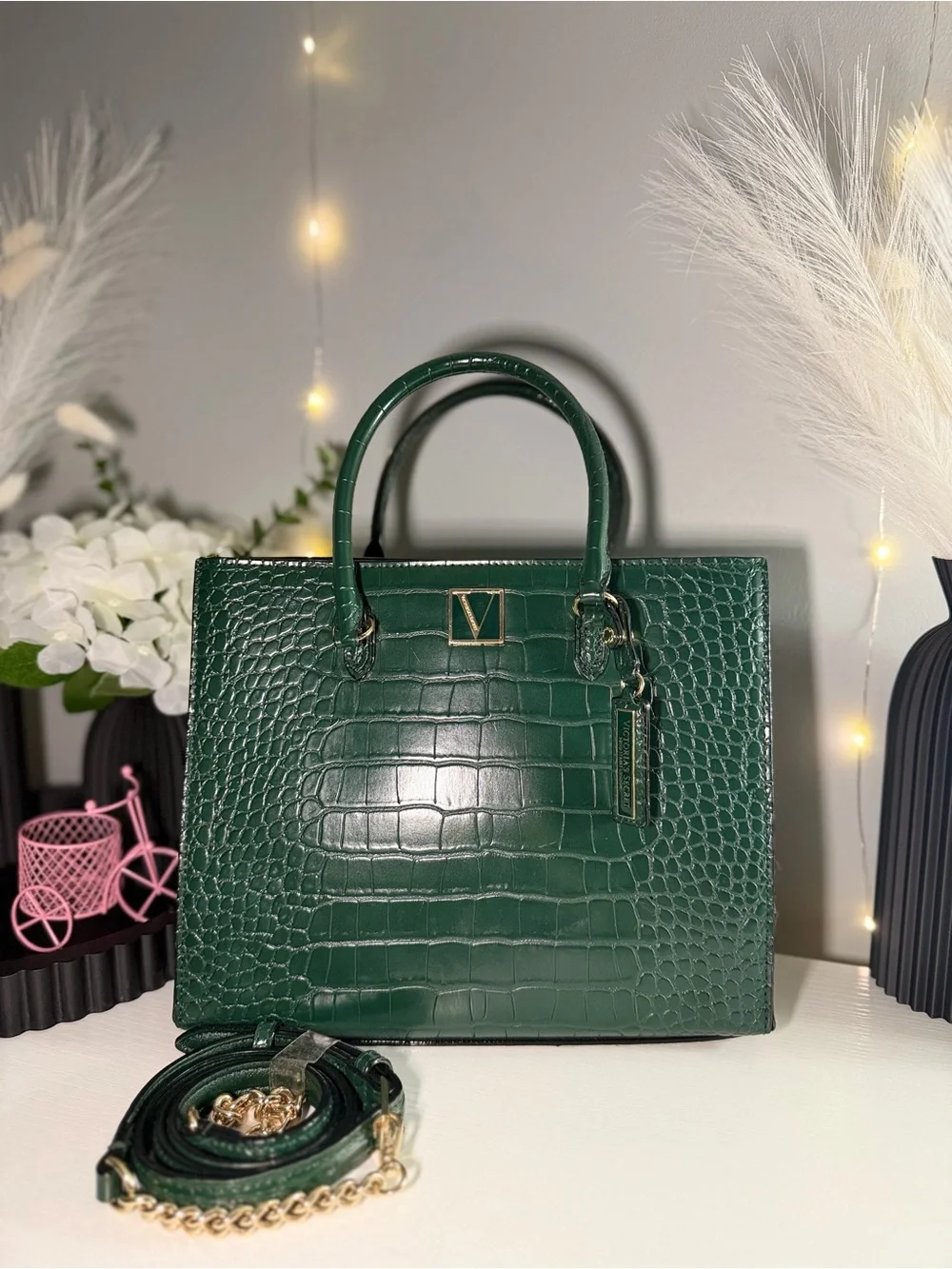 Victoria's Secret Emerald Green Croc-Embossed Satchel